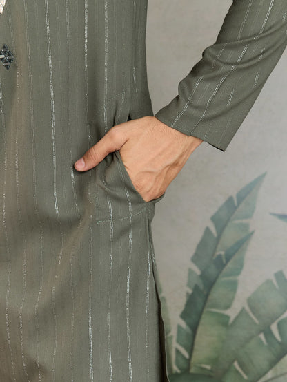 Olive Green Mirror Work Kurta with Dupatta for Men
