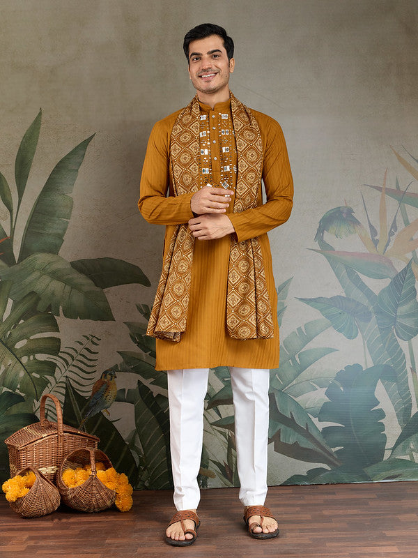 Mustard Mirror Work Kurta with Dupatta for Men