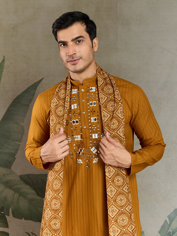 Mustard Mirror Work Kurta with Dupatta for Men