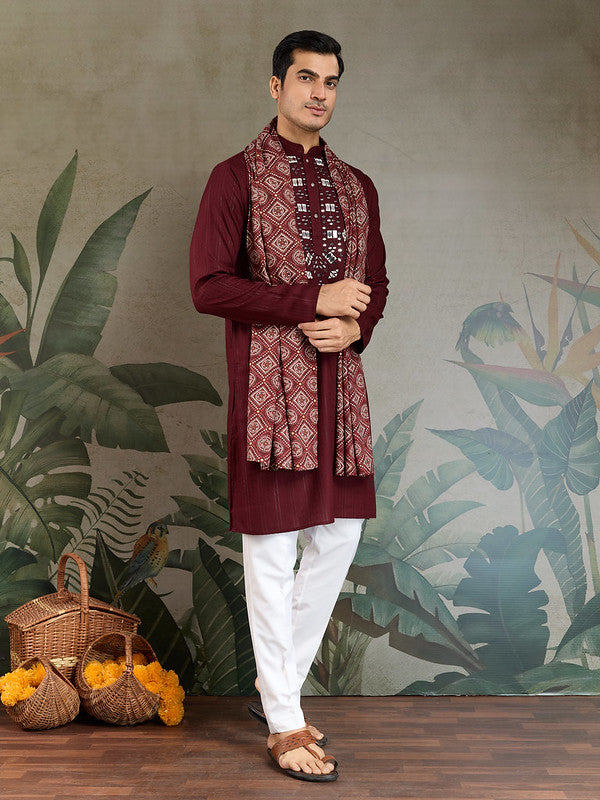 Maroon Mirror Work Kurta with Dupatta for Men