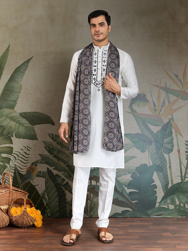 White Mirror Work Kurta with Dusty Purple Dupatta for Men