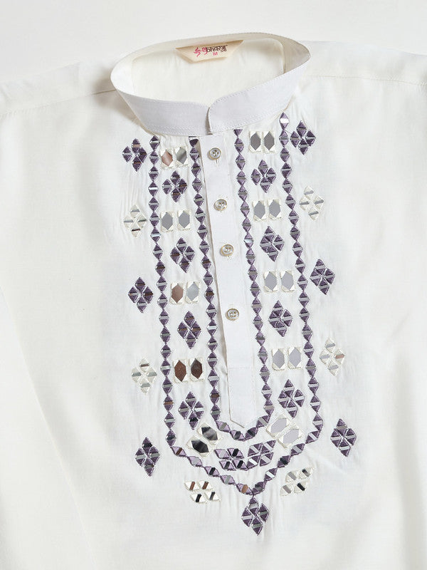 White Mirror Work Kurta with Dusty Purple Dupatta for Men