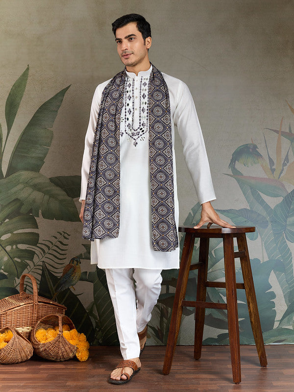 White Mirror Work Kurta with Dusty Purple Dupatta for Men