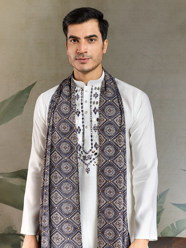 White Mirror Work Kurta with Dusty Purple Dupatta for Men