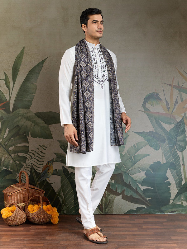 White Mirror Work Kurta with Dusty Purple Dupatta for Men