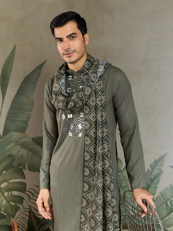 Olive Green Mirror Work Kurta with Dupatta for Men