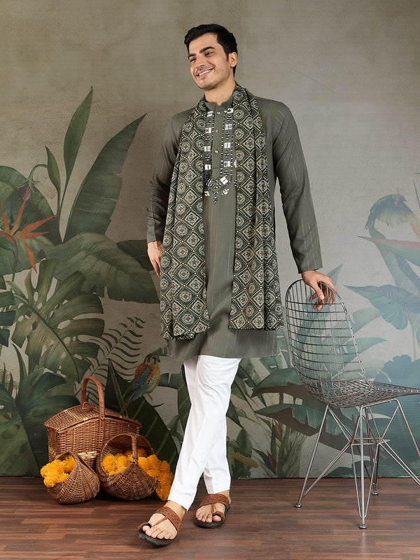 Olive Green Mirror Work Kurta with Dupatta for Men