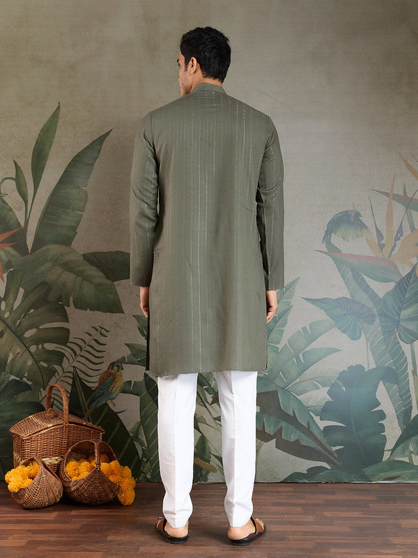 Olive Green Mirror Work Kurta with Dupatta for Men
