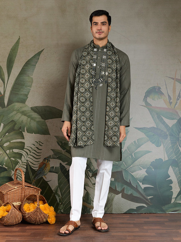 Olive Green Mirror Work Kurta with Dupatta for Men