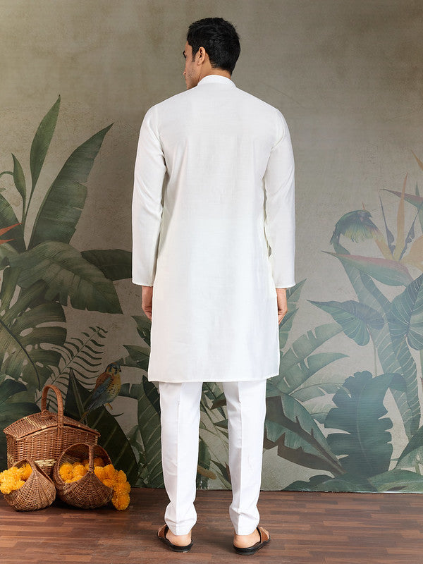 White Mirror Work Kurta with Dusty Purple Dupatta for Men