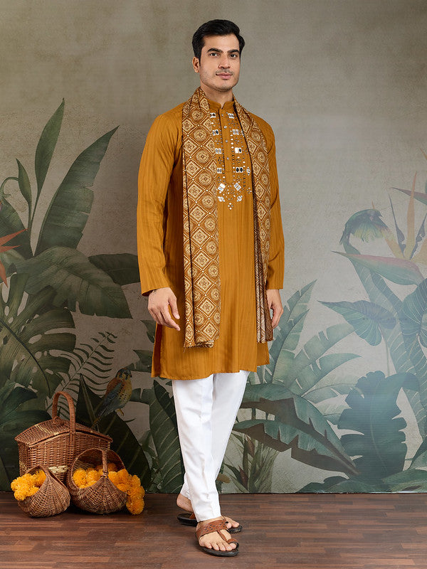 Mustard Mirror Work Kurta with Dupatta for Men