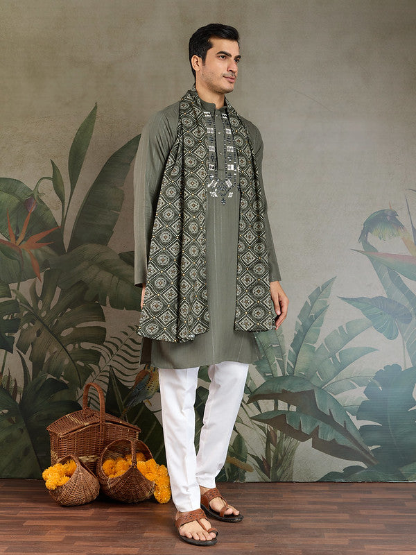 Olive Green Mirror Work Kurta with Dupatta for Men