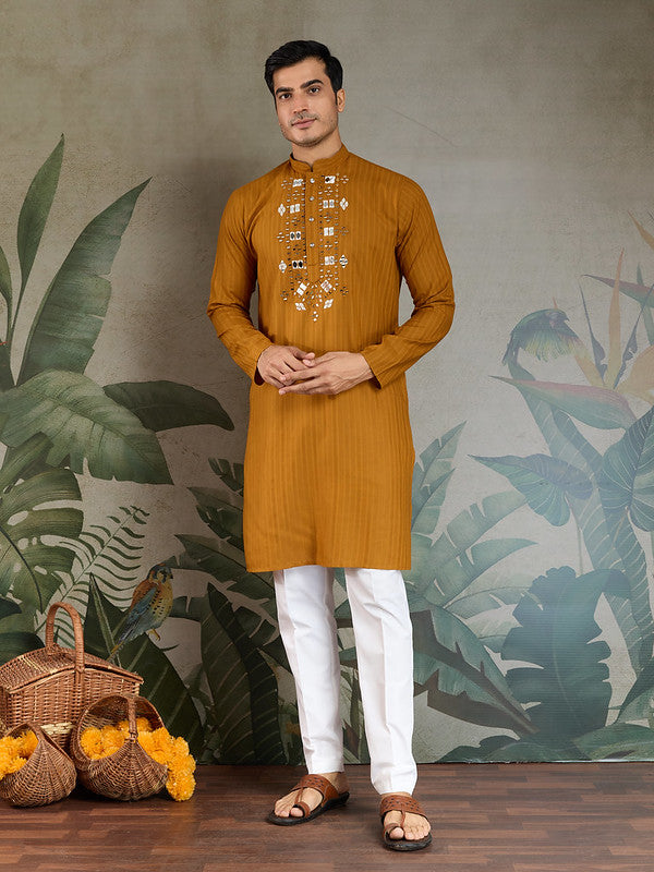 Mustard Mirror Work Kurta with Dupatta for Men