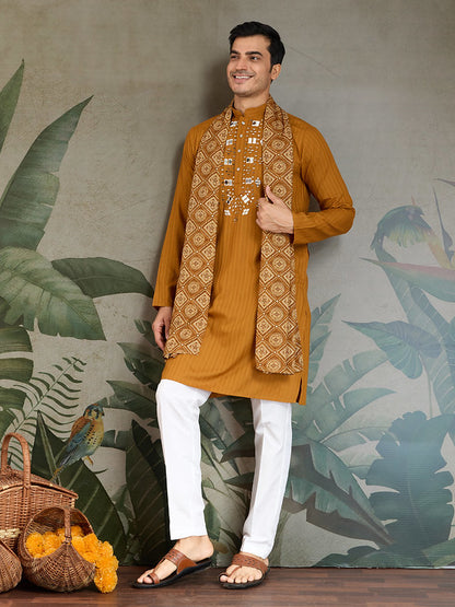 Mustard Mirror Work Kurta with Dupatta for Men