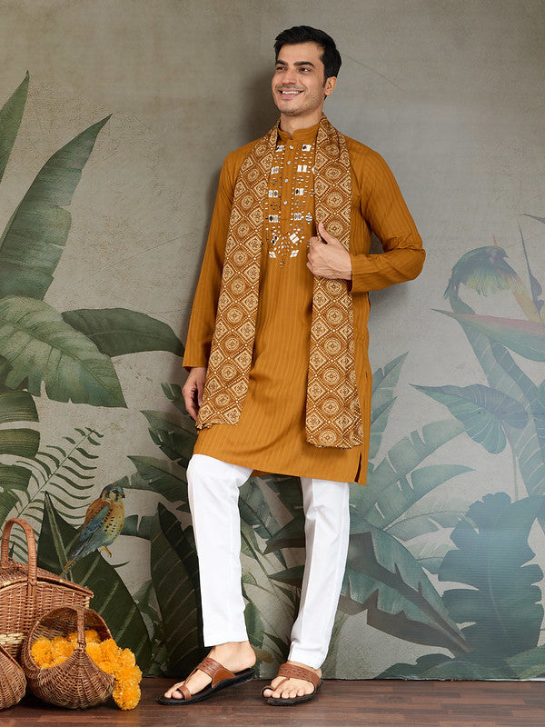 Mustard Mirror Work Kurta with Dupatta for Men