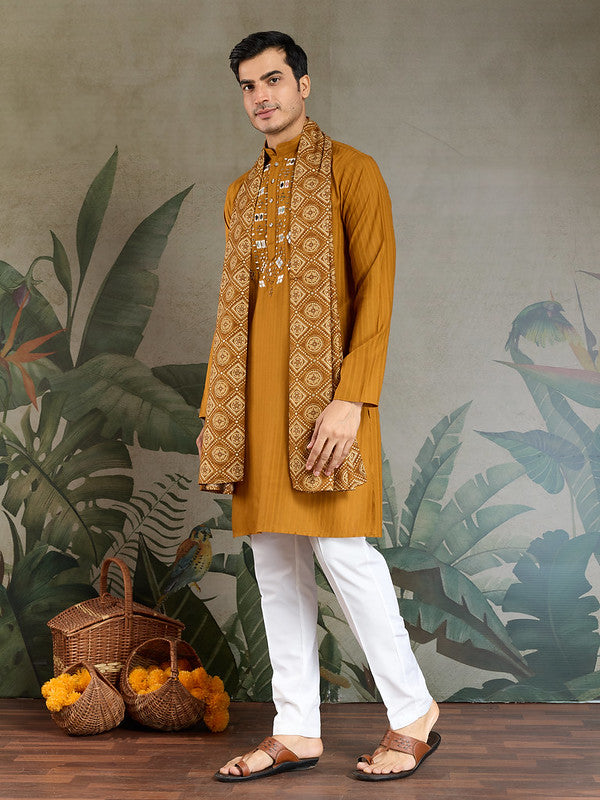 Mustard Mirror Work Kurta with Dupatta for Men