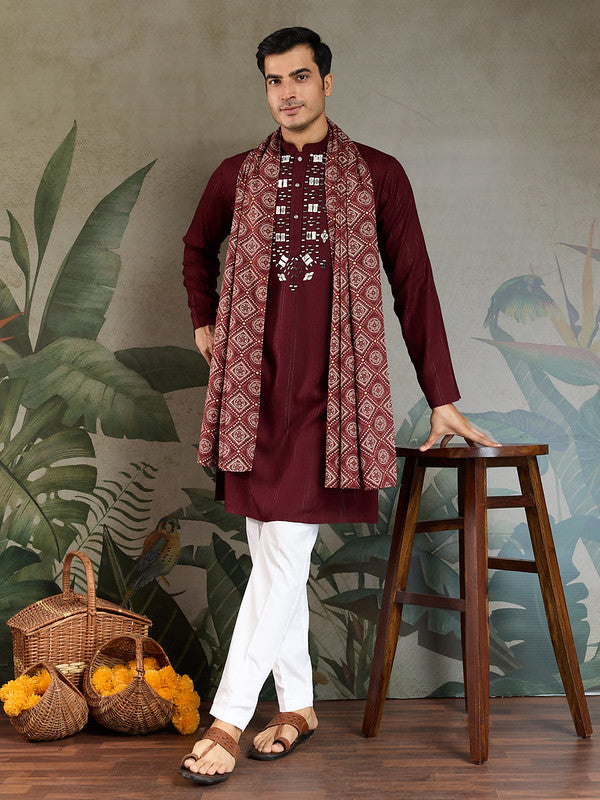 Maroon Mirror Work Kurta with Dupatta for Men