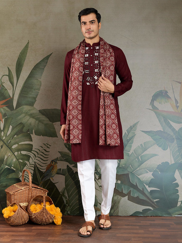 Maroon Mirror Work Kurta with Dupatta for Men