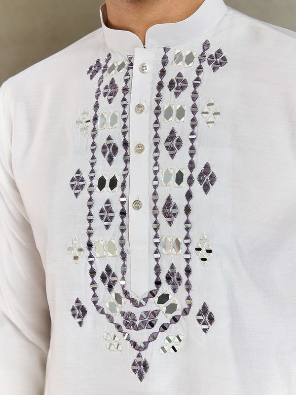 White Mirror Work Kurta with Dusty Purple Dupatta for Men