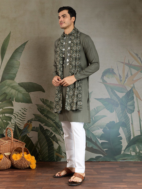 Olive Green Mirror Work Kurta with Dupatta for Men