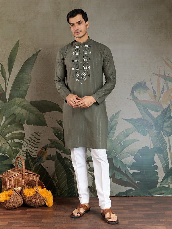 Olive Green Mirror Work Kurta with Dupatta for Men