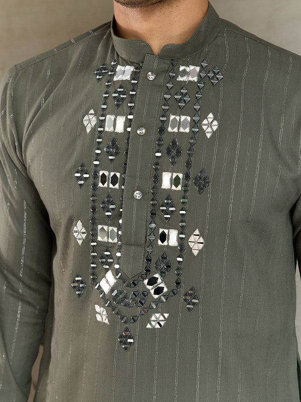 Olive Green Mirror Work Kurta with Dupatta for Men