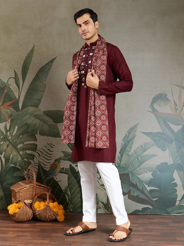 Maroon Mirror Work Kurta with Dupatta for Men
