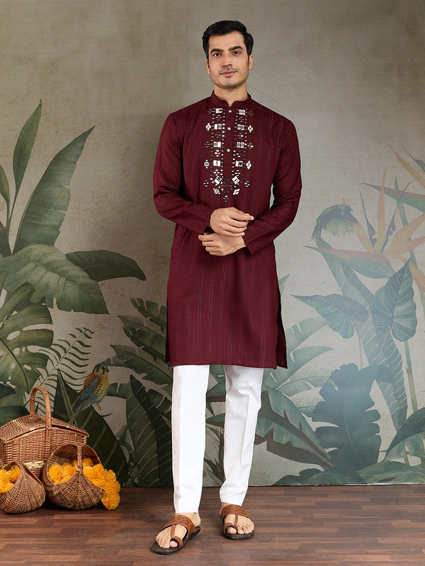 Maroon Mirror Work Kurta with Dupatta for Men