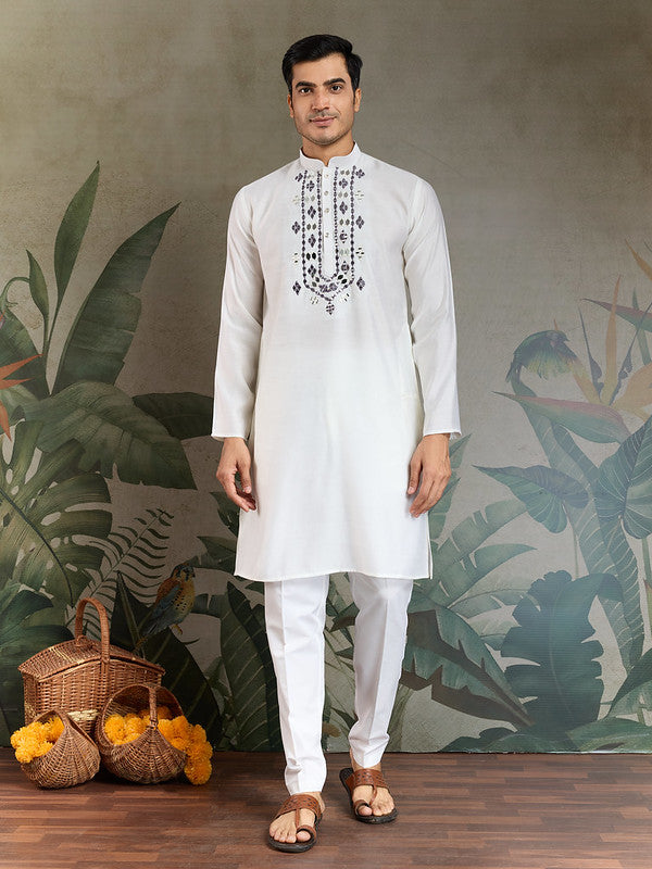 White Mirror Work Kurta with Dusty Purple Dupatta for Men