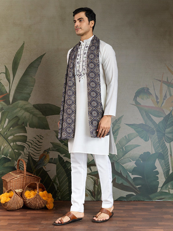 White Mirror Work Kurta with Dusty Purple Dupatta for Men