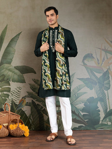 Green Mirror Work Kurta with Printed Dupatta for Men