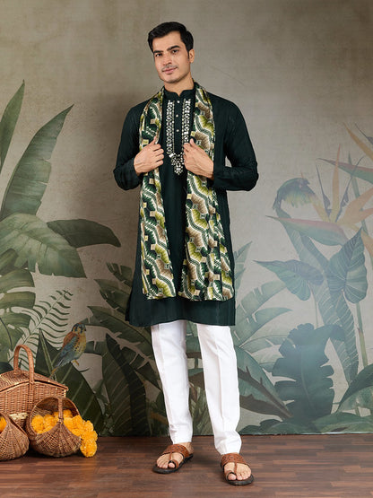 Green Mirror Work Kurta with Printed Dupatta for Men