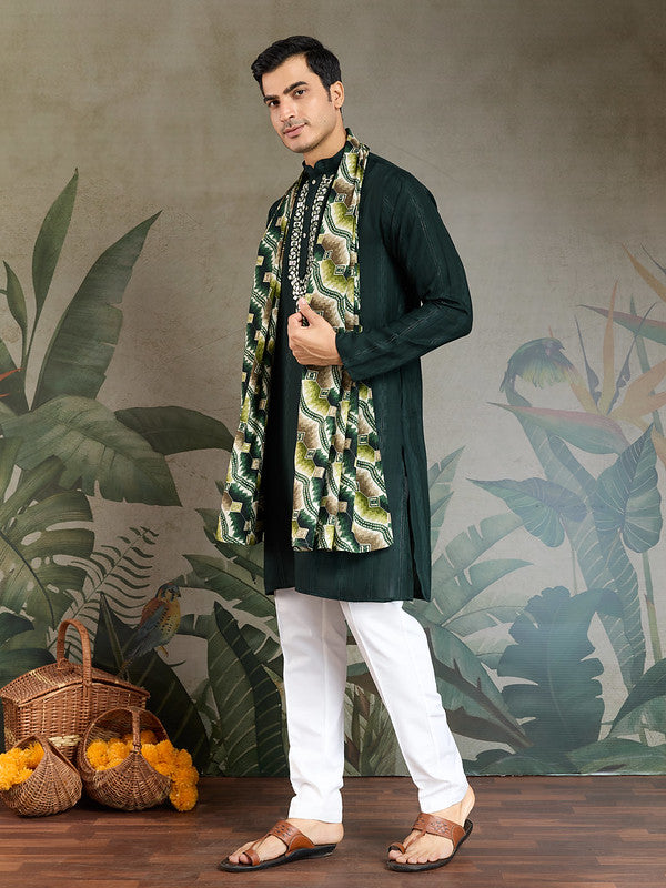 Green Mirror Work Kurta with Printed Dupatta for Men