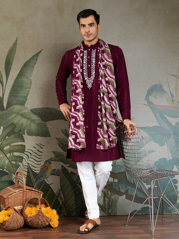 Purple Mirror Work Kurta with Dupatta for Men