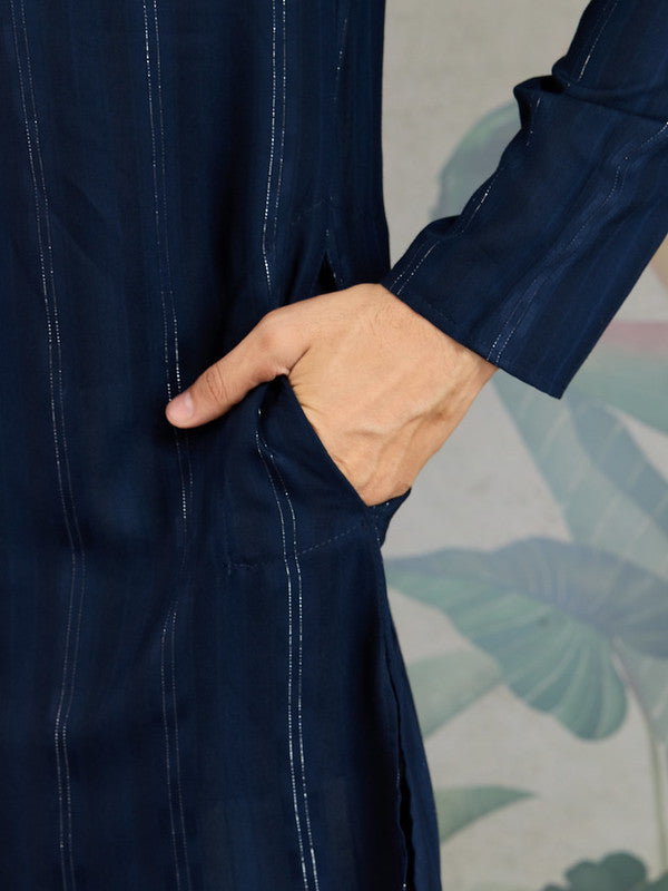 Navy Blue Mirror Work Kurta with Dupatta for Men