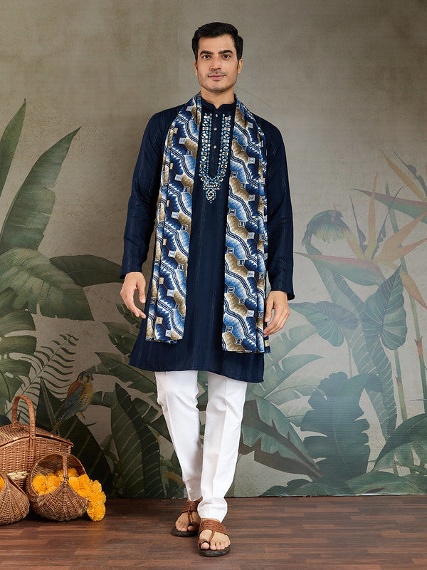 Navy Blue Mirror Work Kurta with Dupatta for Men