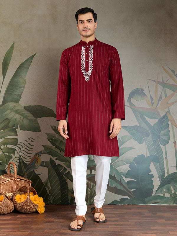 Red Mirror Work Kurta with Printed Dupatta for Men