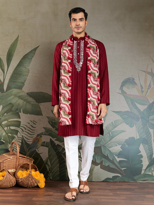 Red Mirror Work Kurta with Printed Dupatta for Men