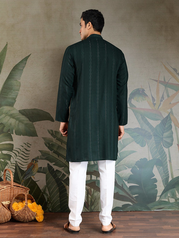 Green Mirror Work Kurta with Printed Dupatta for Men