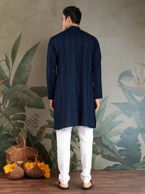 Navy Blue Mirror Work Kurta with Dupatta for Men
