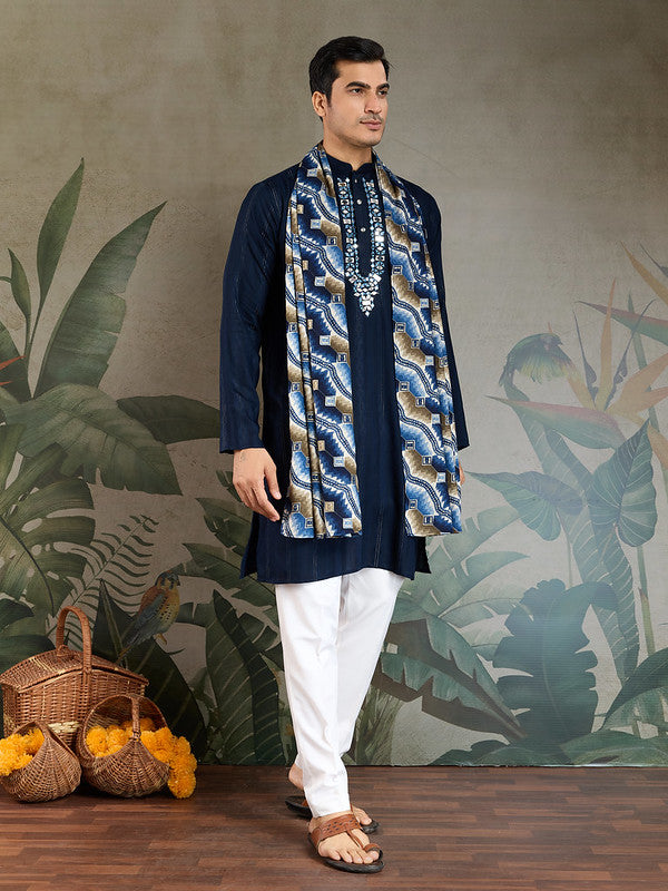 Navy Blue Mirror Work Kurta with Dupatta for Men