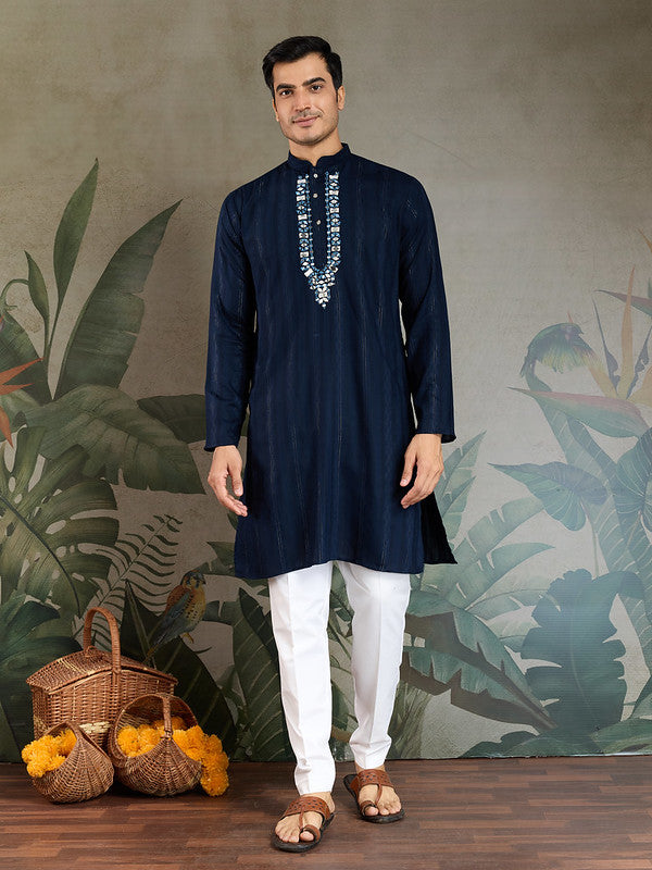 Navy Blue Mirror Work Kurta with Dupatta for Men