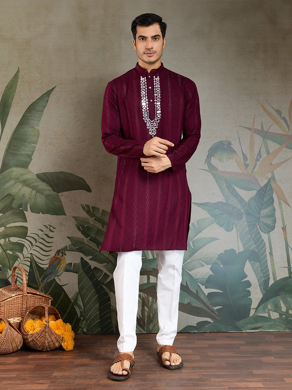 Purple Mirror Work Kurta with Dupatta for Men