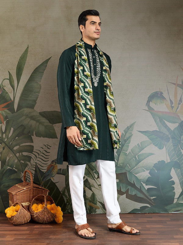 Green Mirror Work Kurta with Printed Dupatta for Men