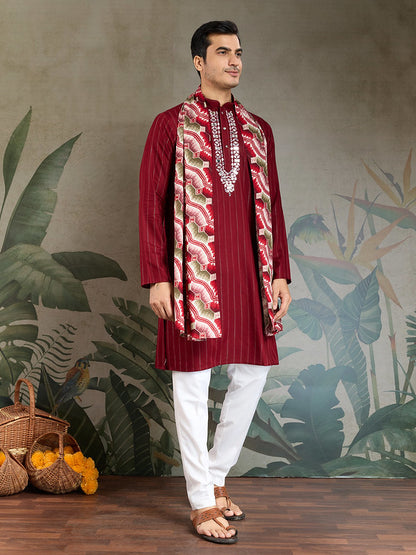 Red Mirror Work Kurta with Printed Dupatta for Men