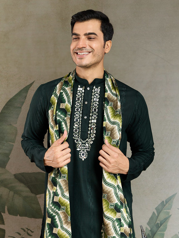 Green Mirror Work Kurta with Printed Dupatta for Men