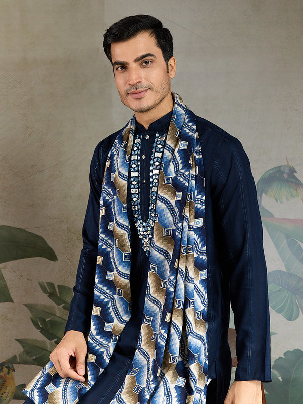 Navy Blue Mirror Work Kurta with Dupatta for Men