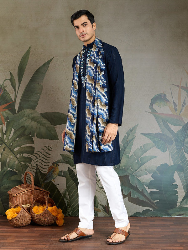 Navy Blue Mirror Work Kurta with Dupatta for Men