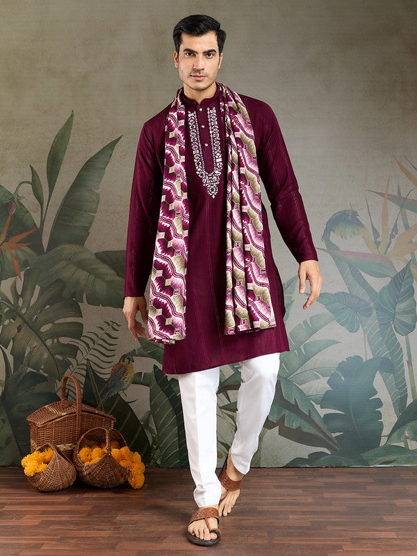 Purple Mirror Work Kurta with Dupatta for Men