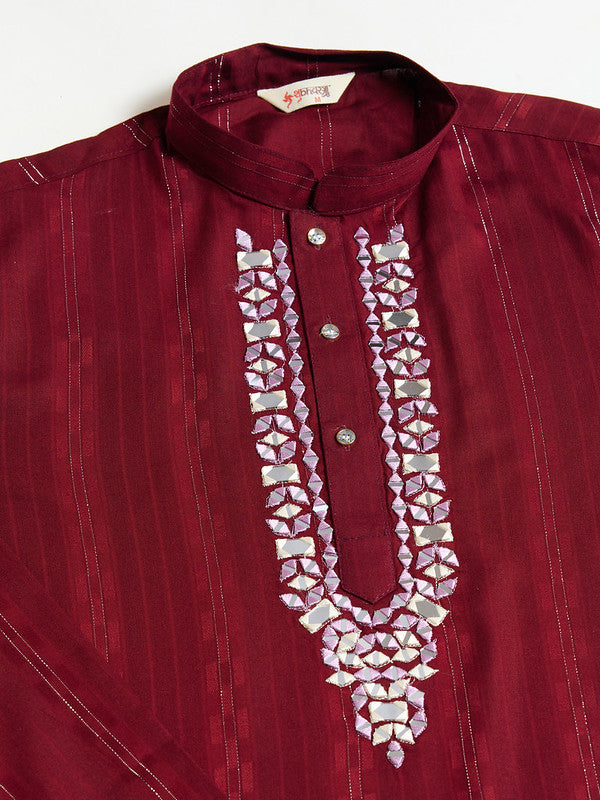 Red Mirror Work Kurta with Printed Dupatta for Men